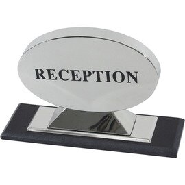 Info Schild  "Reception", Chrom-Nickel-Stahl, beidseitig beschriftet, hochwertige Ausführung, schwerer Marmorfuß, Schild  24 x 17 cm, Fuß  31 x 10 cm Produktbild