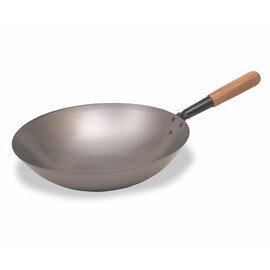 Wok Stahl  Ø 360 mm  H 110 mm | Holzstiel | Boden rund Produktbild