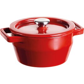 Cocotte mit Deckel, Gusseisen, emailliert, rot,  Ø 105 mm mit Griffen 128 mm, H 63 mm,  Gewicht 824 g Produktbild