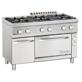 6 Flammen Gasherd Gastronorm 400 Volt 3,6 kW (Elektrobackofen) 27,3 kW (Gas) | Backofen | Schrankbereich mit Tür Produktbild