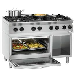 6 Flammen Gasherd Gastronorm 400 Volt 6 kW (Elektrobackofen) 28,5 kW (Gas) | Backofen | Unterbau halboffen Produktbild 2 S