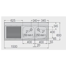 Spülabdeckung ZS 15x6-4/2,5 RE mit Abtropffläche links 2 Becken | 400 x 400 x 250 mm L 1500 mm B 600 mm Produktbild