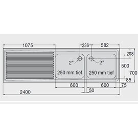 Spülabdeckung ZS 24x7 RE mit Abtropffläche links gerillt 2 Becken | 600 x 500 x 250 mm L 2400 mm B 700 mm Produktbild