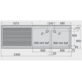 Spülabdeckung ZS 24x8 RE mit Abtropffläche links gerillt 2 Becken | 600 x 600 x 300 mm L 2400 mm B 800 mm Produktbild