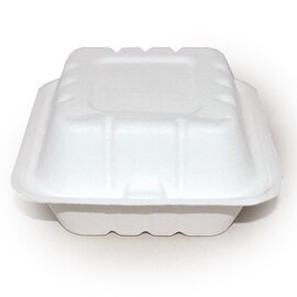 Bio-Lunchbox HAMBURGER Zuckerrohr weiß mit Deckel 100% kompostierbar  L 150 mm  B 150 mm  H 80 mm Produktbild