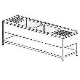 Gewerbe-Spültisch Abtropffläche links und rechts | 2 Becken 600 x 500 x 300 mm | Grundboden | 2100 mm x 700 mm Produktbild