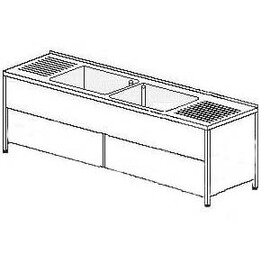 Gewerbe-Spültisch mit Abtropffläche links und rechts 2 Becken | 600 x 500 x 320 mm mit Grundboden mit Schiebetüren L 2400 mm B 700 mm Produktbild