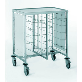 Tablettwagen für 12 Tabletts | Abstellfläche oben | Seitenverkleidung | Rollenausführung Polyamid Produktbild