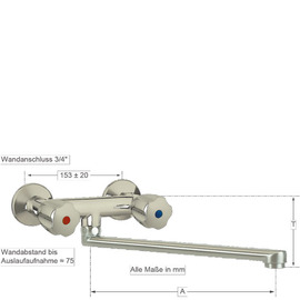 Wandbatterie CLASSIC 3/4" Edelstahl Ausladung 300 mm schwenkbarer Auslauf unten Produktbild 1 S