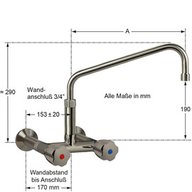 Wandbatterie CLASSIC 3/4" Edelstahl Ausladung 300 mm | Wandabstandsverlängerung 80 mm Produktbild 1 S