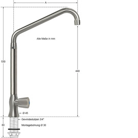 Standventil clarix 3/4" Ausladung 300 mm | 3-Kant-Metallgriff hoher C-Auslauf schräg Produktbild 1 S