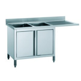 Spülcenterschrank EM ECOLINE mit Abtropffläche rechts 2 Becken | 400 x 500 x 250 mm mit Grundboden mit Schiebetüren L 1600 mm B 700 mm Produktbild