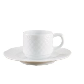 Kaffee-Obere mit Kaffee-Untere, stapelbar, "Aphrodite Uni Weiss", Inhalt: 10 cl, Maße-Obere: Ø o. Hkl: 59 mm, Ø m. Hkl: 82 mm, Höhe: 52 mm, Gewicht: 94 g, Maße-Untere: Ø 135 mm, Höhe: 17 mm, Gewicht: 132 g Produktbild