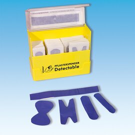 Pflasterspender Box | 130 Pflaster | Nachweisblock Kunststoff gelb  L 160 mm  B 57 mm  H 122 mm Produktbild