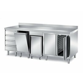 Schranktisch | 2600 mm x 700 mm H 870 mm mit Zutatenbehälter mit 4 Schubladen mit 2 Flügeltüren | 1 Kipptür | Aufkantung Produktbild