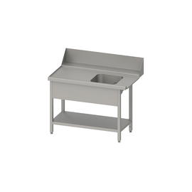 Zulauftisch "PRO", Korbführung mit Gefälle, mit Grundboden, mit einem Becken, 800x750x880 mm, Anbauseite links, mit Aufkantung 200 mm und Beckenblende, verschweißt Produktbild