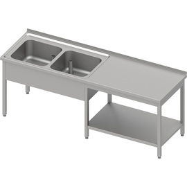 Cheftisch mit Grundboden unter der Arbeitsfläche, mit zwei Becken links 1800x600x850 mm, mit Aufkantung, verschweißt Produktbild