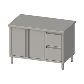 Arbeitsschrank mit Flügeltüren, 1800x600x850 mm, mit 2er Schubladenblock rechts, ohne Aufkantung, verschweißt Produktbild