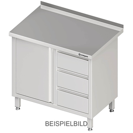 Arbeitsschrank mit Flügeltür, 1000x600x850 mm, mit 3er Schubladenblock links, ohne Aufkantung, verschweißt Produktbild