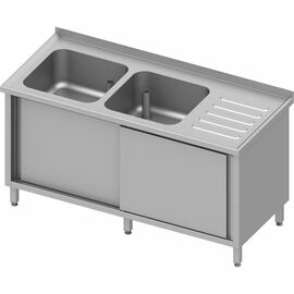 Spülschrank mit Schiebetüren, 1500x700x850 mm, mit zwei Becken links, mit Aufkantung, verschweißt Produktbild