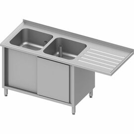 Spülschrank mit Schiebetüren und Überstand 1600x600x900 mm, mit zwei Becken links, mit Aufkantung, verschweißt Produktbild