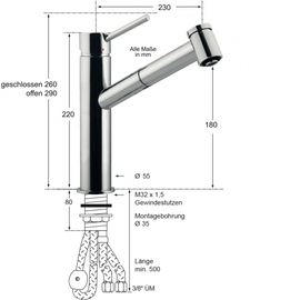 Spültischbatterie mini Hebelmischer Hochdruck ausziehbar Ausladung 230 mm Produktbild 1 S