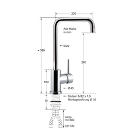 Spültischbatterie CARO Hochdruck schwenkbar 360° H 200 mm Produktbild 1 S